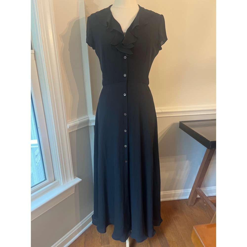 Lauren Ralph Lauren 100% Silk Maxi Dress Black Short Sleeve Button Up Size 8